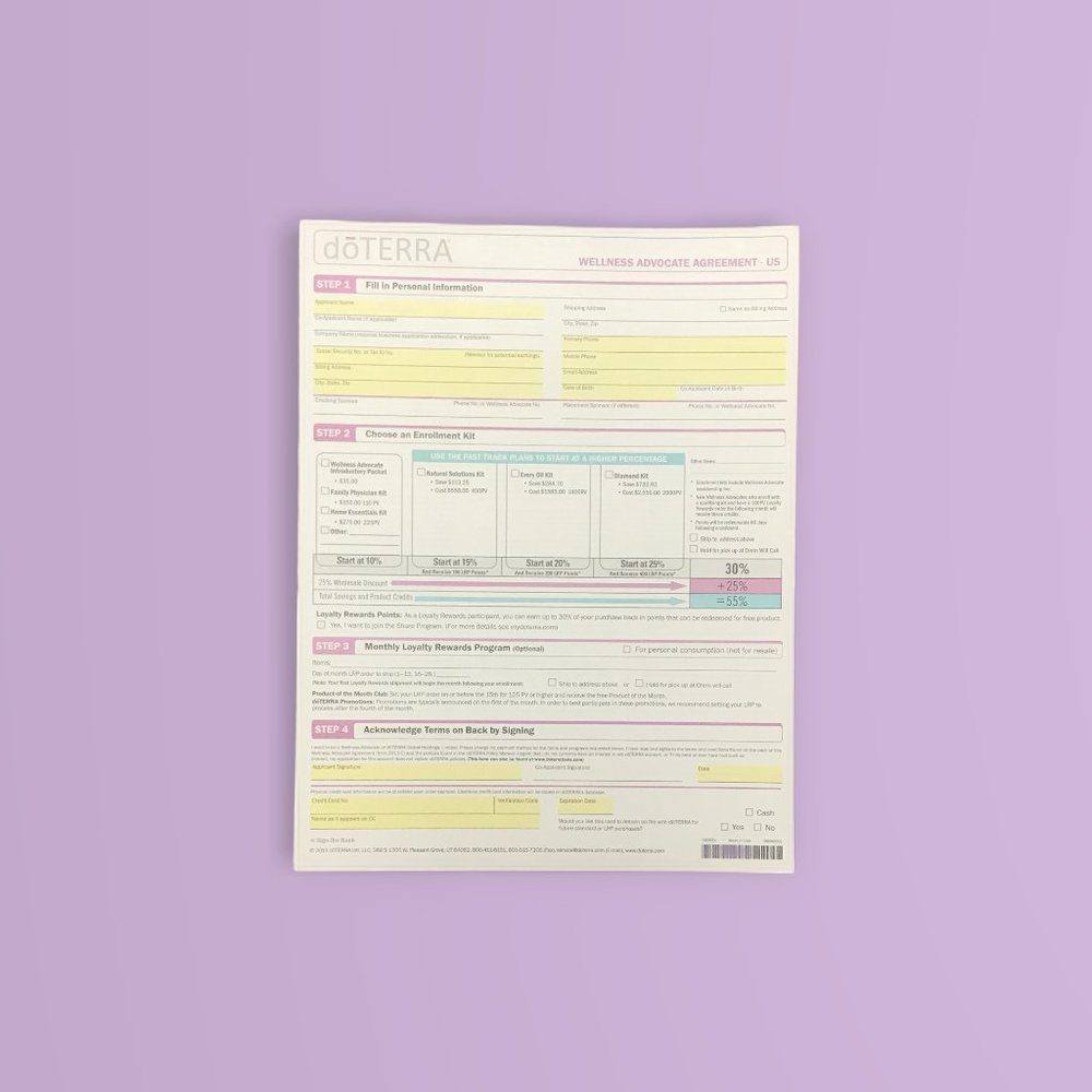 Doterra wellness advocate agreement US tear pad sheets